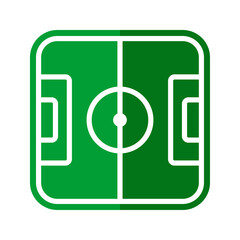 Icono deportivo. Logo con vista aérea de un campo de fútbol con forma cuadrada de color verde, con las líneas reglamentarias en color blanco © teracreonte