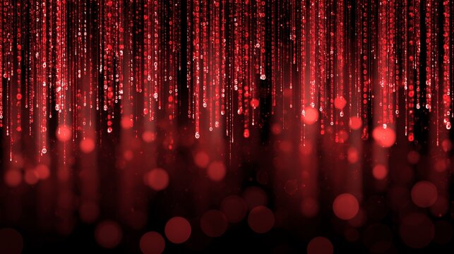 Glowing red binary code streaming downwards against a dark black background in this digital composition