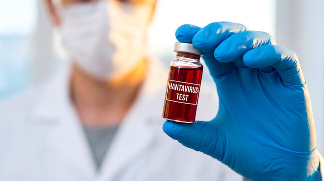 Hantavirus test vial held by gloved hand