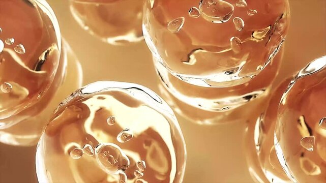 Gold essence balls penetrate the skin layer to activate cells, fill the intercellular gaps, promote cell regeneration, cell elasticity and hydration, anti-wrinkle, anti-aging moisturizing, 3d render.