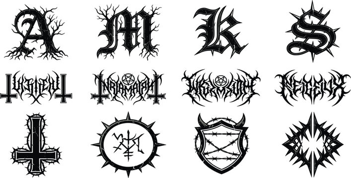 Dark Gothic Black Metal Logo and Symbol Collection Featuring Thorn Typography, Occult Emblems, Spiked Crosses, and Extreme Horror Tattoo Designs