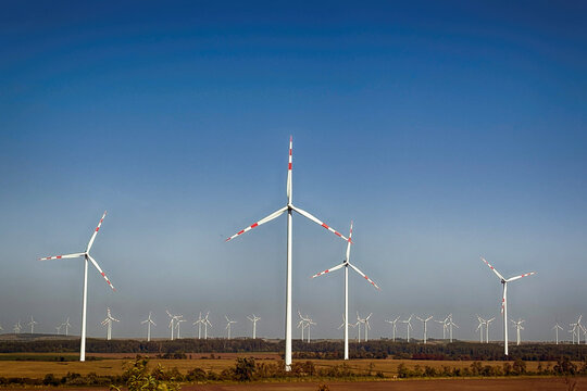 Tall wind turbines on a Wind farm in a remote rural landscape, Hungary