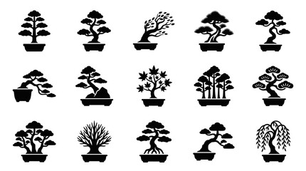 Fototapeta premium Collection of various bonsai tree silhouettes in pots.