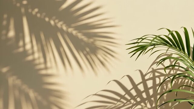 Palm leaf shadows falling on beige surface with sunlight during sunny day
