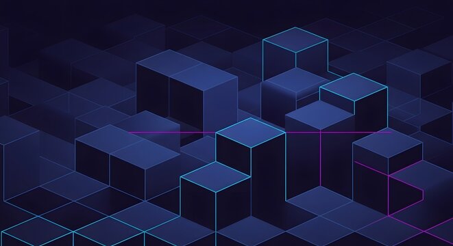 Abstract isometric grid with neon accents dark blue technology background