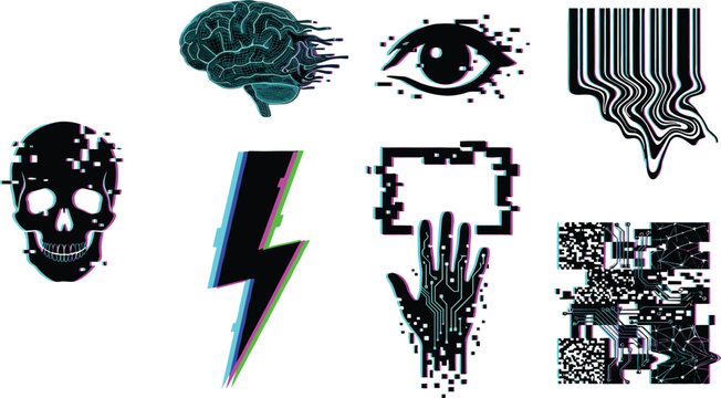 Cyberpunk Glitch Symbol Collection Featuring Digital Skull, Barcode Distortion, Electric Lightning, Human Eye, Brain Scan, and Futuristic Tech Interface Elements