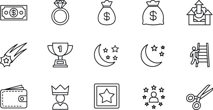 Minimal line icon collection featuring money trophy moon scissors wallet climbing success and achievement themed outline symbols
