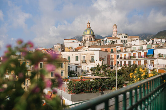 Townscape with the majolica dome of Saint John the Baptist church,  Vietri sul Mare, Amalfi Coast, Salerno, Campania, Italy