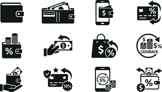 Financial transactions icon set wallets mobile payments discounts and cashback