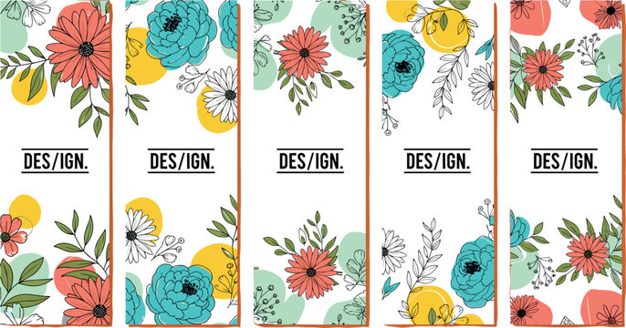 Modern floral bookmark collection with colorful hand drawn flowers botanical leaves abstract shapes and elegant minimalist design template