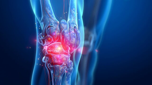Human knee joint, depicted with a transparent skeletal and muscular structure, glows with red hotspots indicating pain, inflammation, or disease impacting the articulation and surrounding tissues