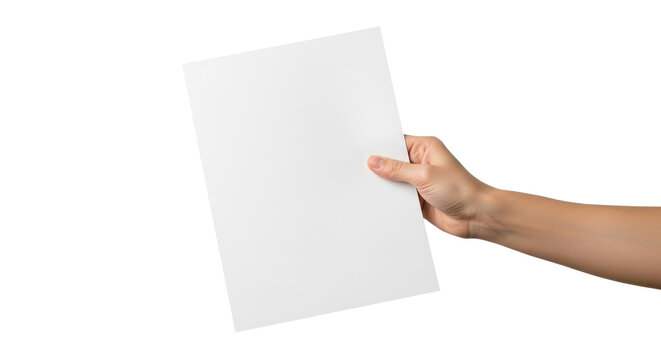 Human hand holding a blank white sheet of paper, isolated on a transparent background, presented in a clean studio shot.