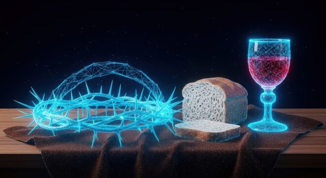 a blue glowing object next to a slice of bread and a glass of wine illustration