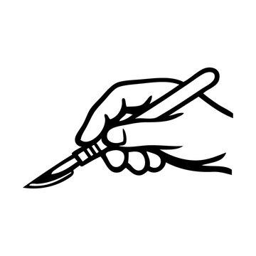 Dibujo minimalista con l&iacute;neas de la mano de un cirujano sosteniendo una afilada hoja de bistur&iacute; de acero para operaciones m&eacute;dicas y procedimientos quir&uacute;rgicos.
