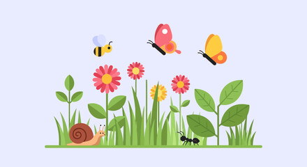Insects and Flowers in Garden Meadow Flat Vector Illustration © progoz