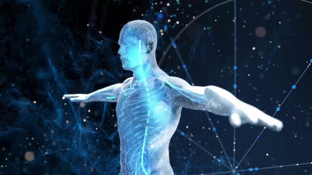 Human brain calculates nervous system activity, neuron cells with synapses send signals. Nerve conduction, artificial intelligence, cosmic particle space, high-tech future medical treatment, 3D render