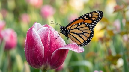 Obraz premium A monarch butterfly perches delicately on a vibrant pink tulip.