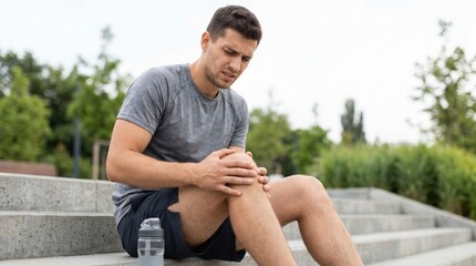 Obraz premium Fit man in sportswear clutching his aching knee on concrete stairs, suffering from a sudden injury or muscle strain during an outdoor workout