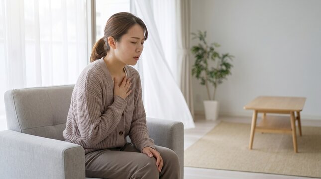 Woman suffering from acute chest discomfort or shortness of breath while sitting on a sofa at home, reflecting health concerns or anxiety symptoms