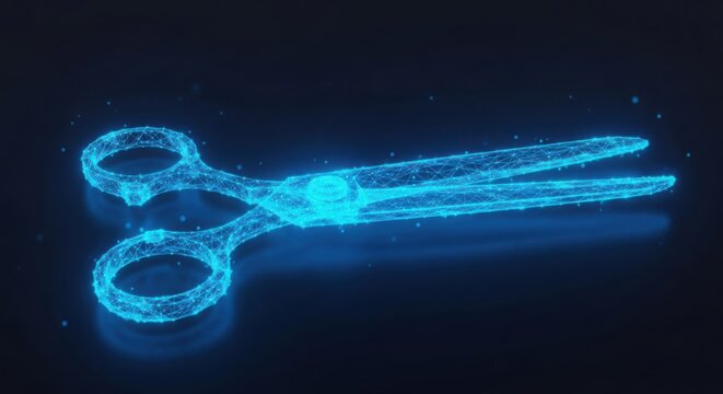 a blue glowing pair of scissors on a dark background illustration