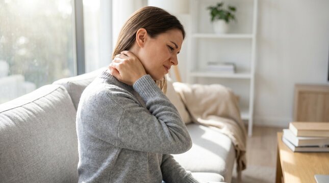 Young woman sitting on a sofa at home, grimacing in discomfort and holding her neck, indicating persistent pain or stiffness in her shoulder and cervical area