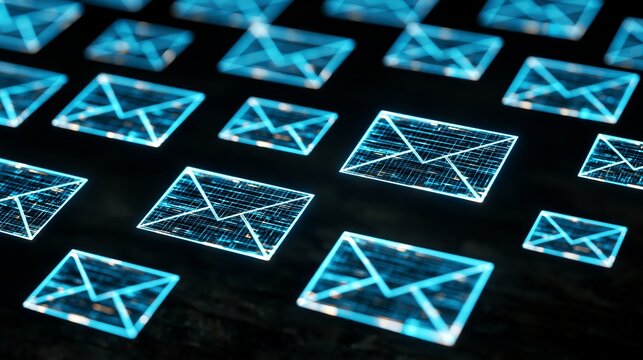 Glowing digital envelope icons representing electronic mail communication in a high tech virtual dark space