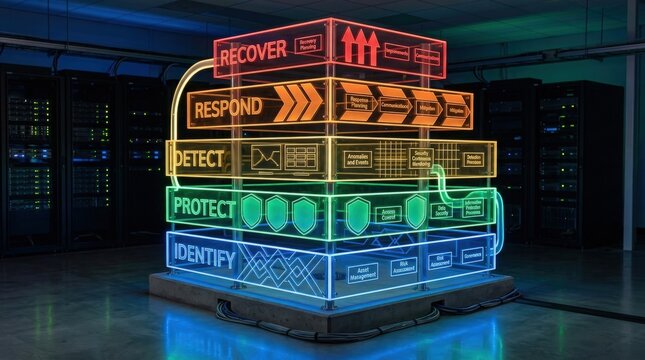 A glowing neon multilayered cybersecurity framework sculpture situated inside a high tech server room, representing digital protection, threat response, and data infrastructure security concepts.