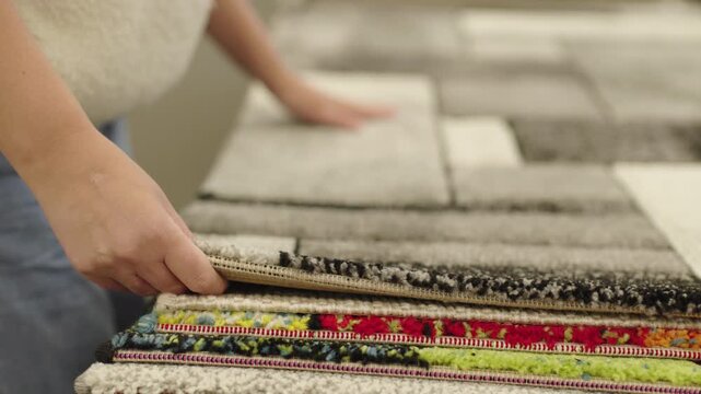 Woman comparing carpet texture and rug samples in home furnishing store for interior decoration project