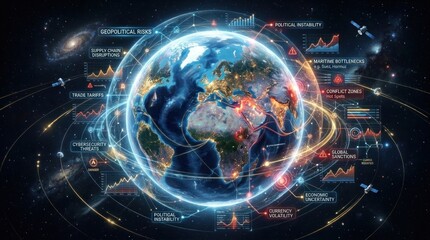 Fototapeta premium A digital globe is overlaid with complex data visualizations representing global risks.