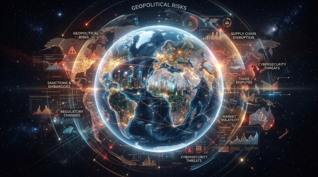 A digital illustration depicts a glowing, interconnected globe surrounded by holographic data streams and overlaid with various geopolitical risks.