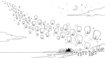 Obraz premium Sky Lanterns Floating over River at Night