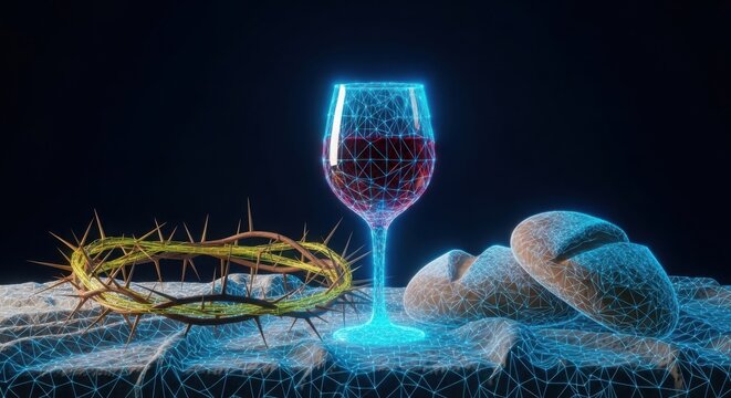 a wine glass and a crown of thorns on a rock illustration