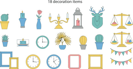 Minimal home decoration vector set with plants clocks frames candles lanterns and pastel interior design elements © Jesika!