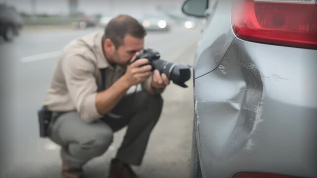 Adjuster focusing camera on rear bumper dent with blurred traffic behind emphasizing detailed inspection during onsite accident assessment in overcast light.