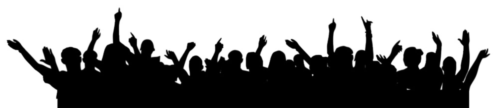 Crowd of cheering people silhouette with raised hands, festive mood