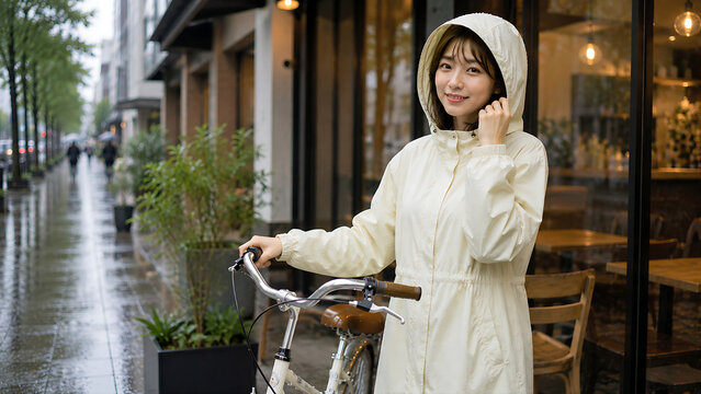 雨の日のライフスタイルシーンとして居心地のよいカフェ横の濡れた都会の歩道で自転車と一緒に立つフード付きレインコートの若い女性