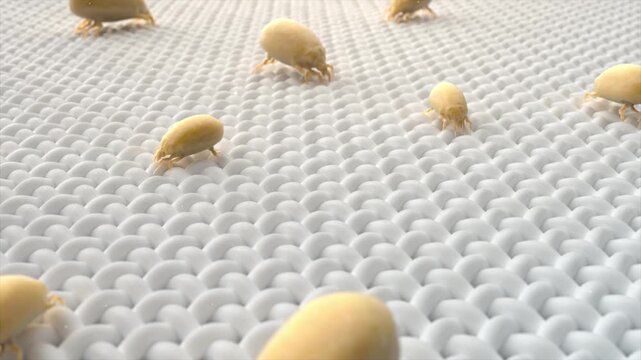 Mites crawling on textile fibers, close-up of golden light scanning to remove mites from clothing, bed mite removal equipment, clothing detergent, disinfectant advertising 3D rendering.