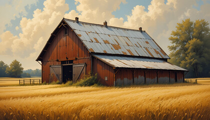 Fototapeta premium Rustic barn stands amidst golden wheat field under blue cloudy sky