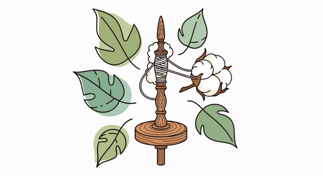 Illustration of a wooden spindle with spun yarn and cotton boll surrounded by green leaves on a white background.