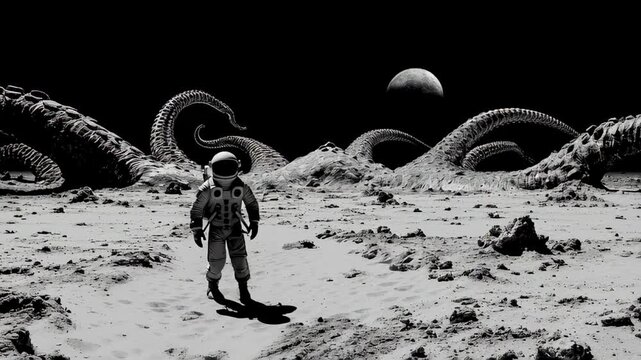 Astronaut discovering ancient alien creature tentacles on a desolate gray lunar landscape under a dark cosmic sky with a distant moon, exploring unknown extraterrestrial horror in deep space