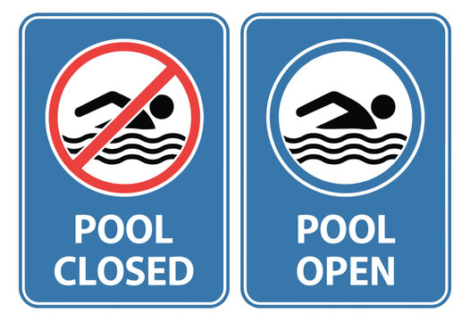 Swimming pool open and closed blue sign icons featuring clear status indicators for public facilities, hotel amenities, and recreational areas. Vector illustration.