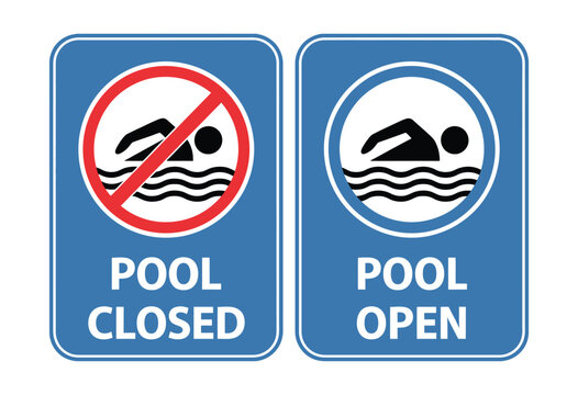 Swimming pool open and closed blue sign icons showcasing availability indicators for swimming facilities, hotel pools, and public recreation spaces. Vector illustration.