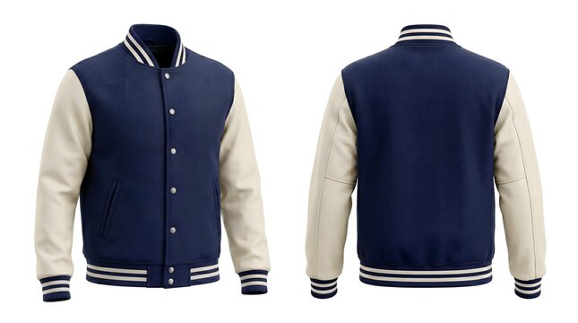 Classic blank varsity jacket mockup with leather sleeves for apparel design on white background