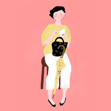 外出先でスマートフォンを見る女性 座り姿のイラスト