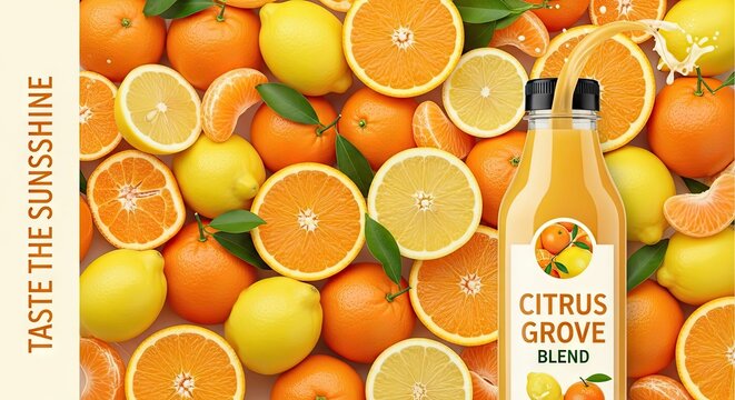 Fresh Citrus Grove Blend Juice Bottle Surrounded by a Pile of Oranges, Lemons, and Tangerines with a Golden Juice Splash
