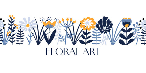 Scandinavian flower banner with seamless floral boder in blue, cyan and yellow. Nordic blooming flowers and leaves floral print in minimalist folk style © Logvin art