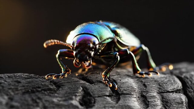 A shiny beetle with iridescent colors on a dark wooden surface