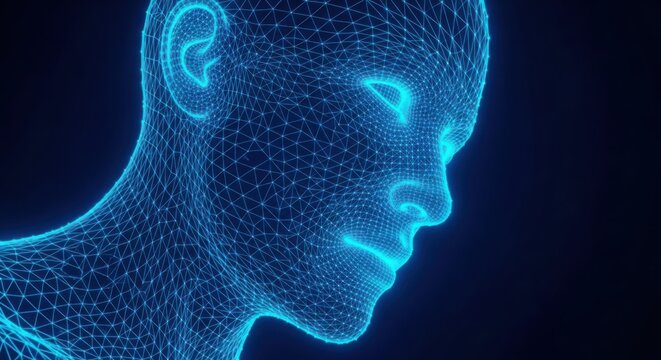 a blue pixelated image of a human head illustration