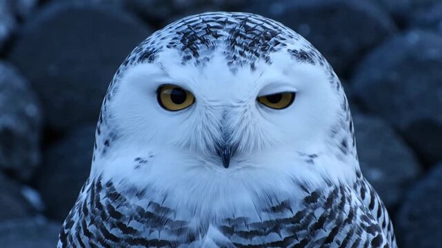 Closeup of a snowy owl with one eye closed looking at the camera outdoors