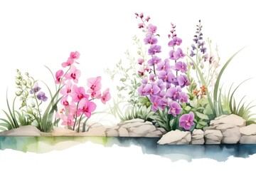 Obraz premium Minimal orchid garden landscape with shape edge in bottom border flower nature plant.